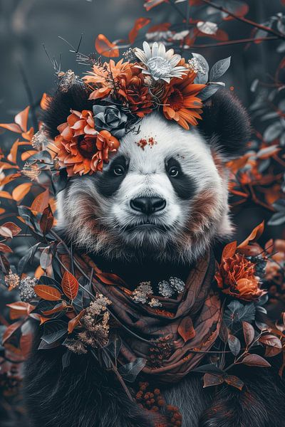 Herbstliche Eleganz - Panda mit Blumenkranz von Eva Lee