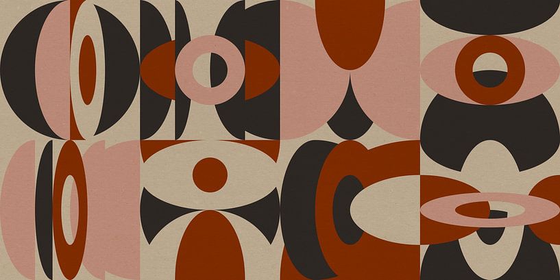 Abstrakte Retro-Geometrie in dunklem Terra, Rosa, Schwarz und Weiß. von Dina Dankers