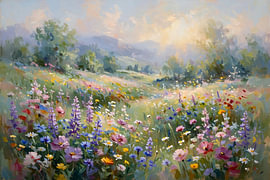 Impressionistisch olieverfschilderij van een zonovergoten wilde bloemenweide van Artistic