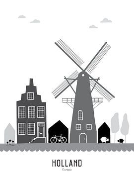 Skyline illustratie Holland in zwart-wit-grijs van Mevrouw Emmer