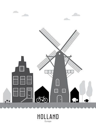 Skyline-Illustration Holland in schwarz-weiß-grau