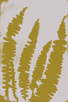 Wabi-Sabi Botanisch: Gedruckte Farnblätter in Gelb auf Weiß von Dina Dankers