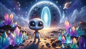 Kleiner Alien bewundert kristalline Mondlandschaft