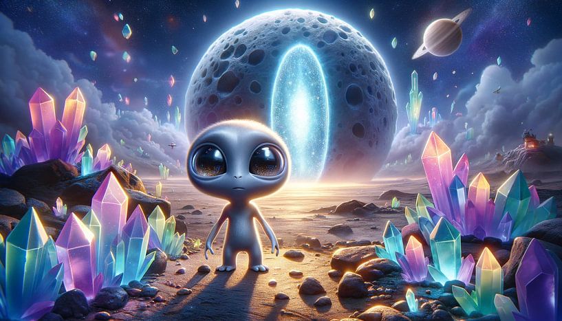 Un petit extraterrestre admire un paysage lunaire cristallin par artefacti
