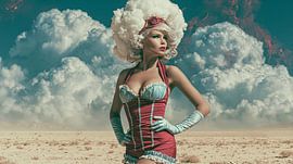 Cloudy sky, Retro-Surrealism: woman in a landscape