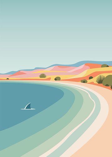 Vlakke natuurposter met een afbeelding van een kuststrand en een haaienvin in turquoise water.