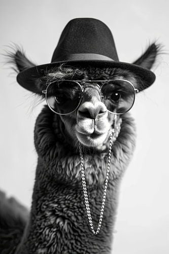 Lama met zonnebril en strohoed die stijlvol poseert