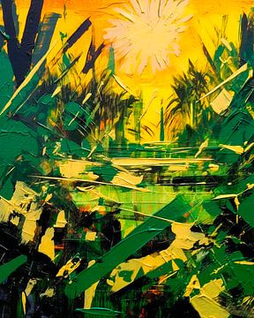Abstract botanical pond with sun and coarse palette knife by René van den Berg