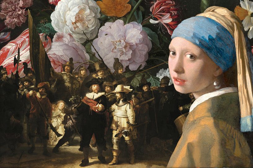 The Night Watch x Still Life with Flowers x Girl with the Pearl Earring - Landscape version by Masters Revisited