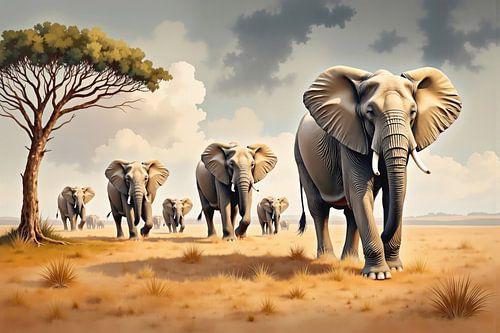 Olifantenfamilie loopt door een droog grasland op een bewolkte dag