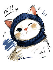 Chat qui fait un clin d'œil avec une écharpe en tricot bien douillette – Illustration amusante d'un chat dessinée à la main