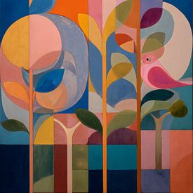 Abstrakte, farbenfrohe Vögel auf Bäumen von IamHome Studio