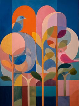 Abstracte, kleurrijke vogels in bomen