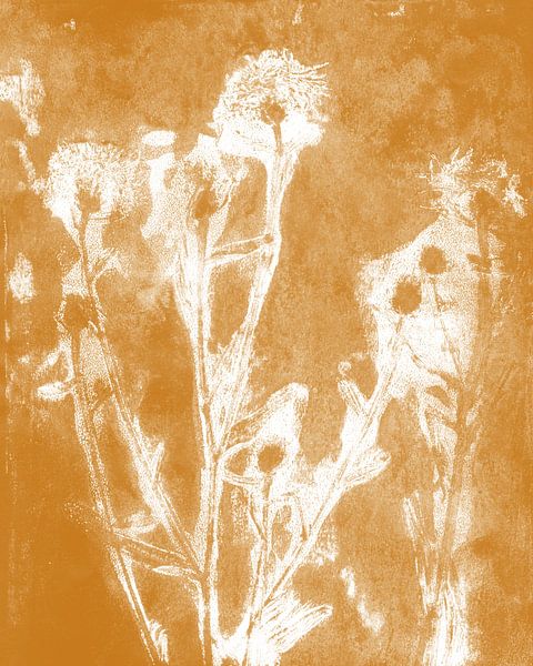 Flowers in white on ocher yellow. Botanical monoprint by Dina Dankers