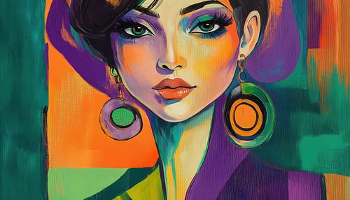 Vrouw met oorbellen kleurrijk modern abstract portret panorama