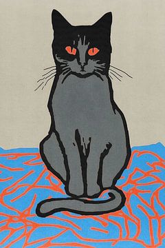 Vintage zwarte en grijze kat zittend op tapijt - woonkamer muurkunst van Canvas Chronicles