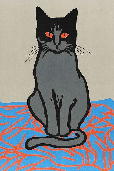 Vintage Schwarze und graue Katze auf Teppich sitzend - Wohnzimmer Wandkunst von Canvas Chronicles