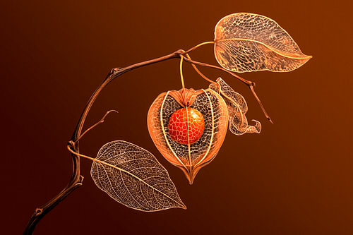 Botanical illustration: Chinese lantern plant (Physalis) on brown linen-textured fabric