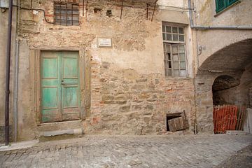 Groene deur van oud huis in Piemont, Italie