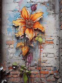 Mauer Graffiti gelb orange Blume Verfall Geschichte Vergangenheit