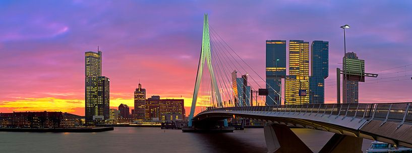 Panorama photo of the Erasmus bridge and Kop van Zuid in Rotterdam during a spectacular sunrise. by Anton de Zeeuw