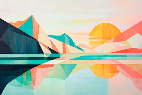Geometrisch landschap met oranjekleurige zon