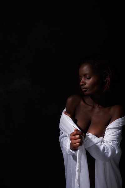 Model, sexy nude as a pinup in white blouse by Atelier Liesjes