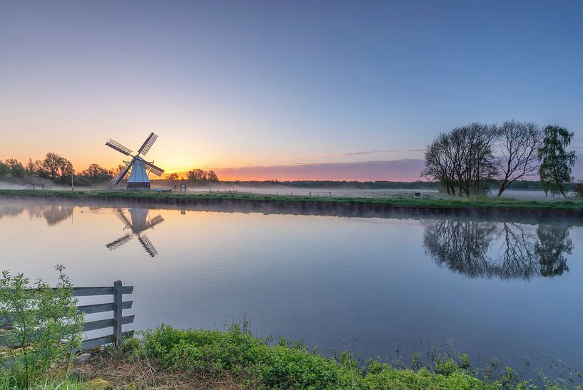 Landscape, sunrise white windmill by Marcel Kerdijk