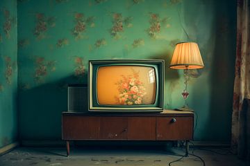 Téléviseur rétro-vintage nostalgique dans une chambre avec papier peint vert sur Animaflora PicsStock