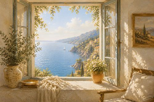 Blick aus einem Fenster an der italienischen Küste