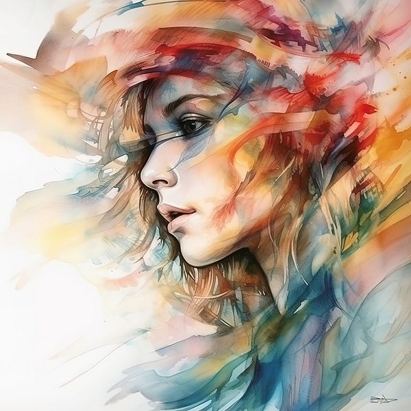 Abstraktes Aquarell eines Mädchens/einer Frau. von Gelissen Artworks