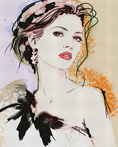 Fashion Muse – Editorial Fashion illustration met vrouwelijk portret en expressieve inktlijnen