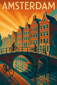 Amsterdam Reise Poster - Vintage Kanal und Fahrräder
