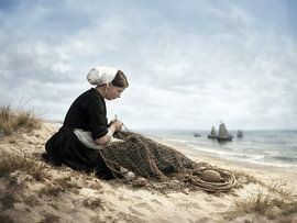 Portrait d'une jeune fille de Zélande en train de réparer un filet de pêche sur la dune