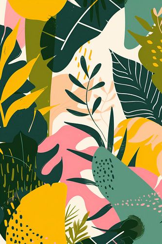 Grafische Botanische Compositie in Groen, Geel en Roze