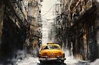 Gele taxi in een grijs stadslandschap van Poster Art Shop thumbnail