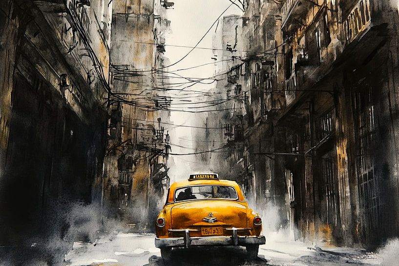Gele taxi in een grijs stadslandschap van Poster Art Shop