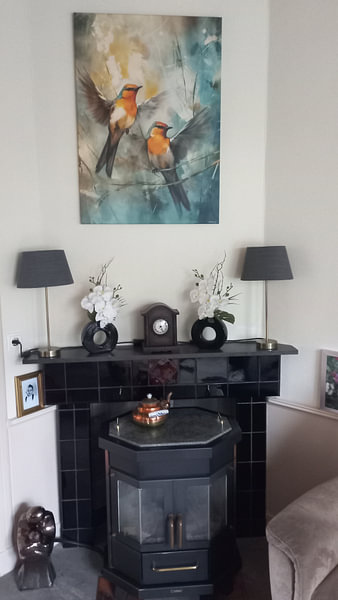 Kundenfoto: abstrakter Aqaurel eines Vogels von Gelissen Artworks, auf Leinwand