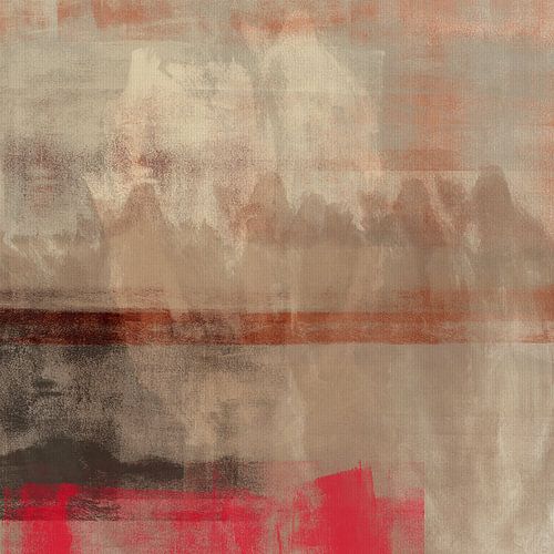 Modern abstract painting in terracotta, neon pink, taupe and beige by Dina Dankers