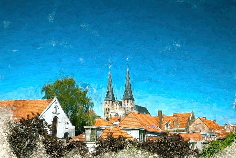 Ligne d'horizon peinte de Deventer avec l'église Bergkerk par Arjen Roos