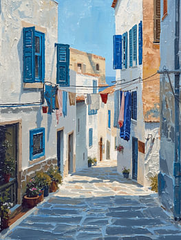 Peinture représentant une ruelle d'un village méditerranéen