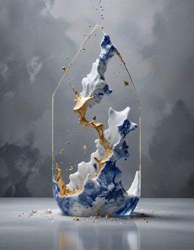 Delfts blauw huisje vorm met goud.