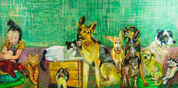 Schilderij van honden en katten uit het dierenasiel