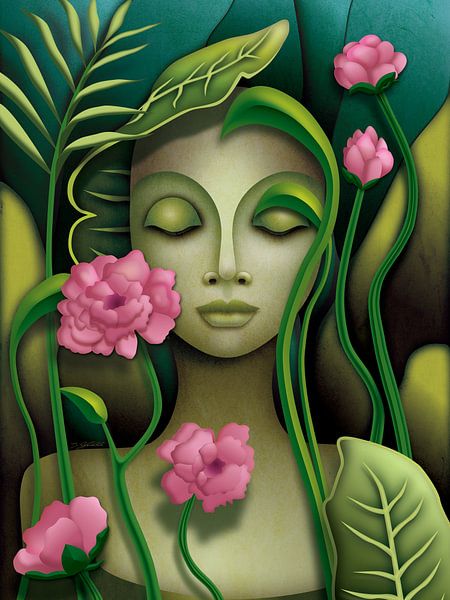 Female Buddha with blossoms and plants by Britta Glodde