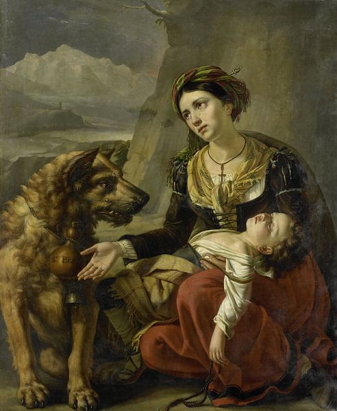Ein Bernhardinerhund hilft einer verlorenen Frau mit einem kranken Kind, Charles Picqué von Meisterhafte Meister