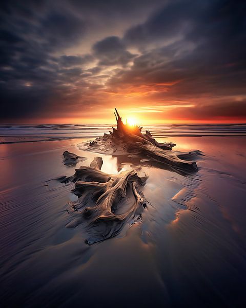 Drijfhout in de zonsondergang van fernlichtsicht