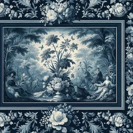 Still life in Delft blue colours with jouy de toile pattern by Dutch Art Works