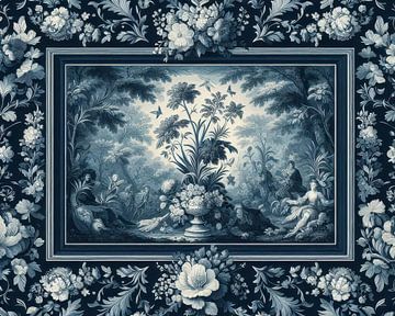 Stilleven in Delfts blauwe kleuren met jouy de toile patroon van Dutch Art Works