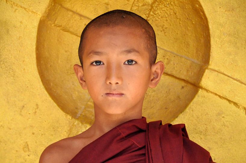 Mönch posiert für goldenen Gong von Affect Fotografie
