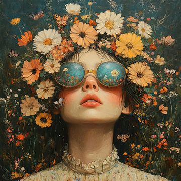 Sonnenbrille Blumen | Buntes Blumenportrait von Blickfänger Gemälde